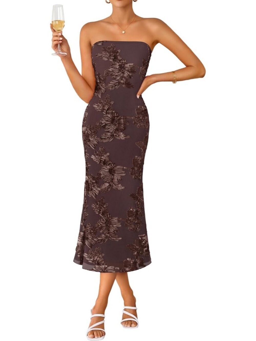 Women's Summer Strapless Brown Floral Bodycon Mesh Tube Formal Party Midi Dress
